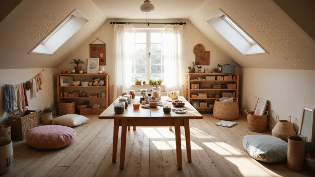 A dreamy attic craft room featuring soft natural light, a large wooden farmhouse table with organized craft supplies, shelves with handmade felt creatures and seasonal collections, a cozy reading nook with floor cushions, and a clothesline of pastel hand-dyed playsilks, all captured in warm golden hour lighting.