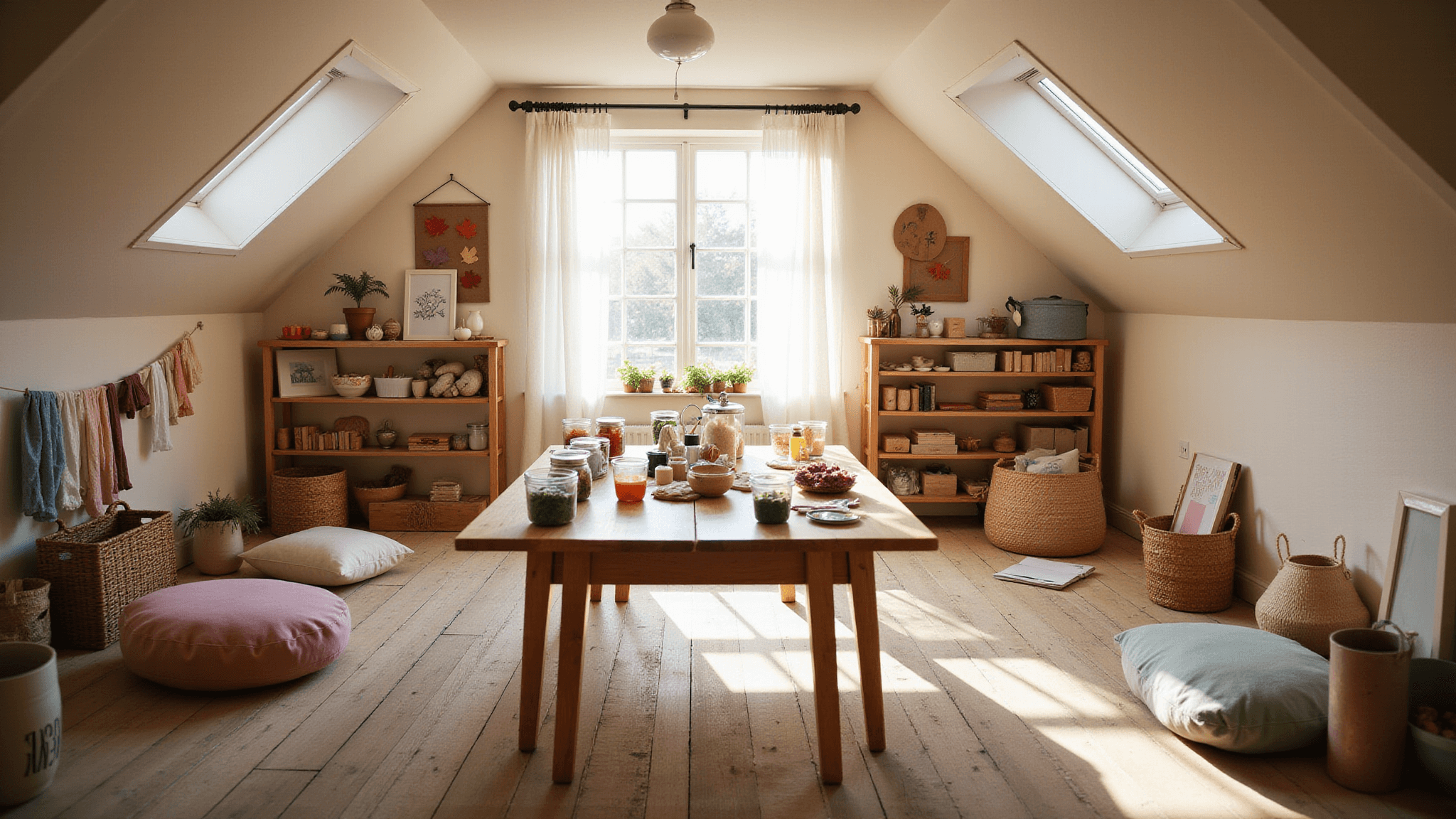 A dreamy attic craft room featuring soft natural light, a large wooden farmhouse table with organized craft supplies, shelves with handmade felt creatures and seasonal collections, a cozy reading nook with floor cushions, and a clothesline of pastel hand-dyed playsilks, all captured in warm golden hour lighting.