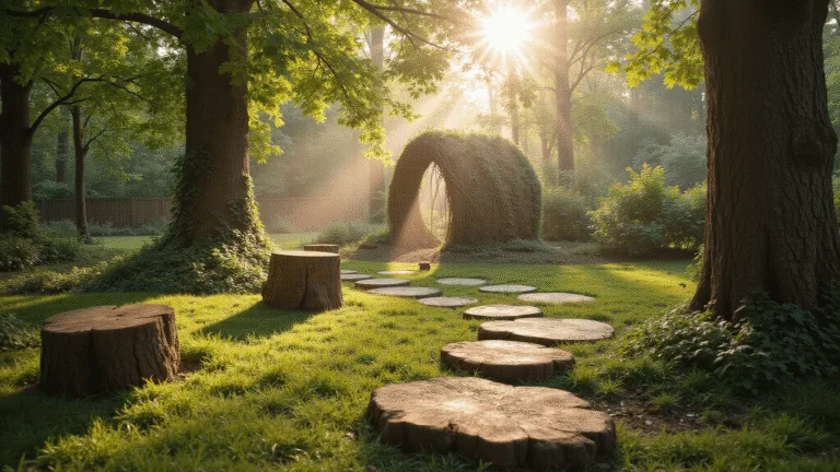 A whimsical backyard garden scene at golden hour, featuring weathered oak tree stumps as stepping stones, lush woolly thyme ground cover, and a curved willow tunnel with climbing jasmine vines, all bathed in dappled sunlight filtering through mature maple trees, creating a dreamy, magical atmosphere with soft bokeh and warm golden highlights.