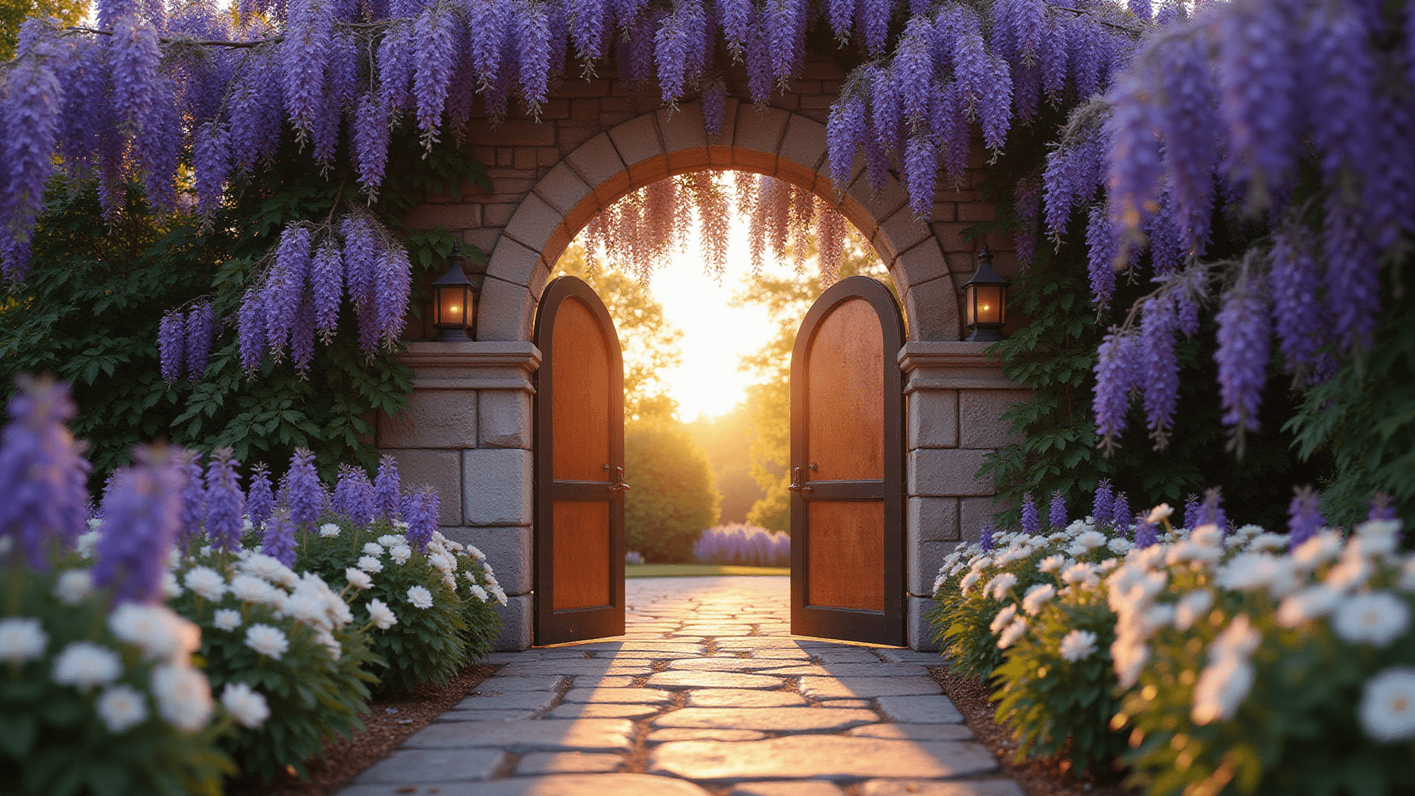 A photorealistic garden entrance with a grand stone archway draped in purple wisteria, featuring a weathered copper gate, a flagstone path lined with lavender and white roses, bathed in golden hour sunlight with soft bokeh and dappled shadows.