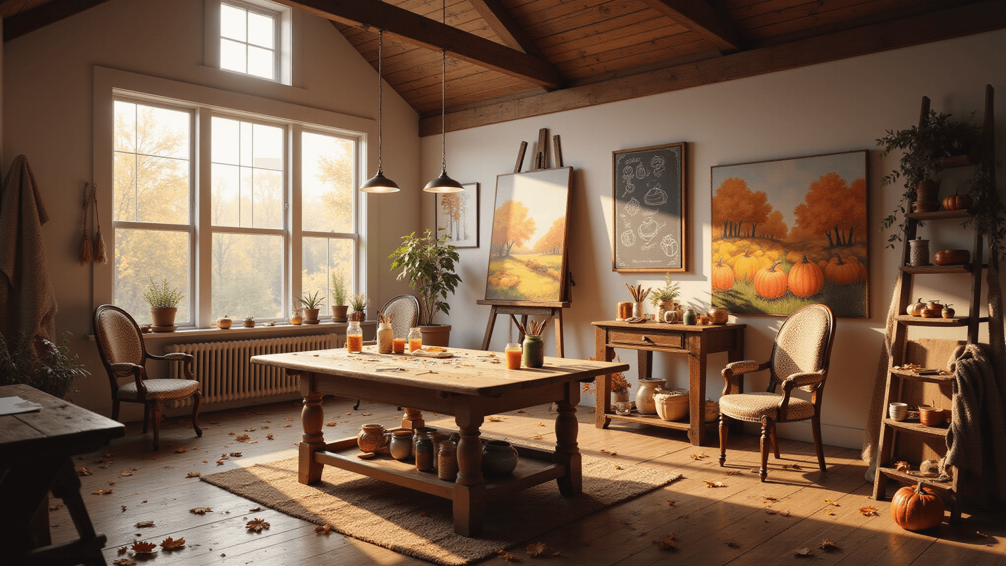 A warm and inviting craft studio interior featuring vaulted ceilings, wooden beams, and large bay windows that let in golden hour light, showcasing a rustic worktable with paint-splattered surfaces and various art supplies, alongside half-finished canvas paintings of pumpkins and autumn scenes. A vintage ladder displays drying artwork, and a chalkboard holds autumn sketches, all surrounded by a rich color palette of fall hues and soft bokeh effects.