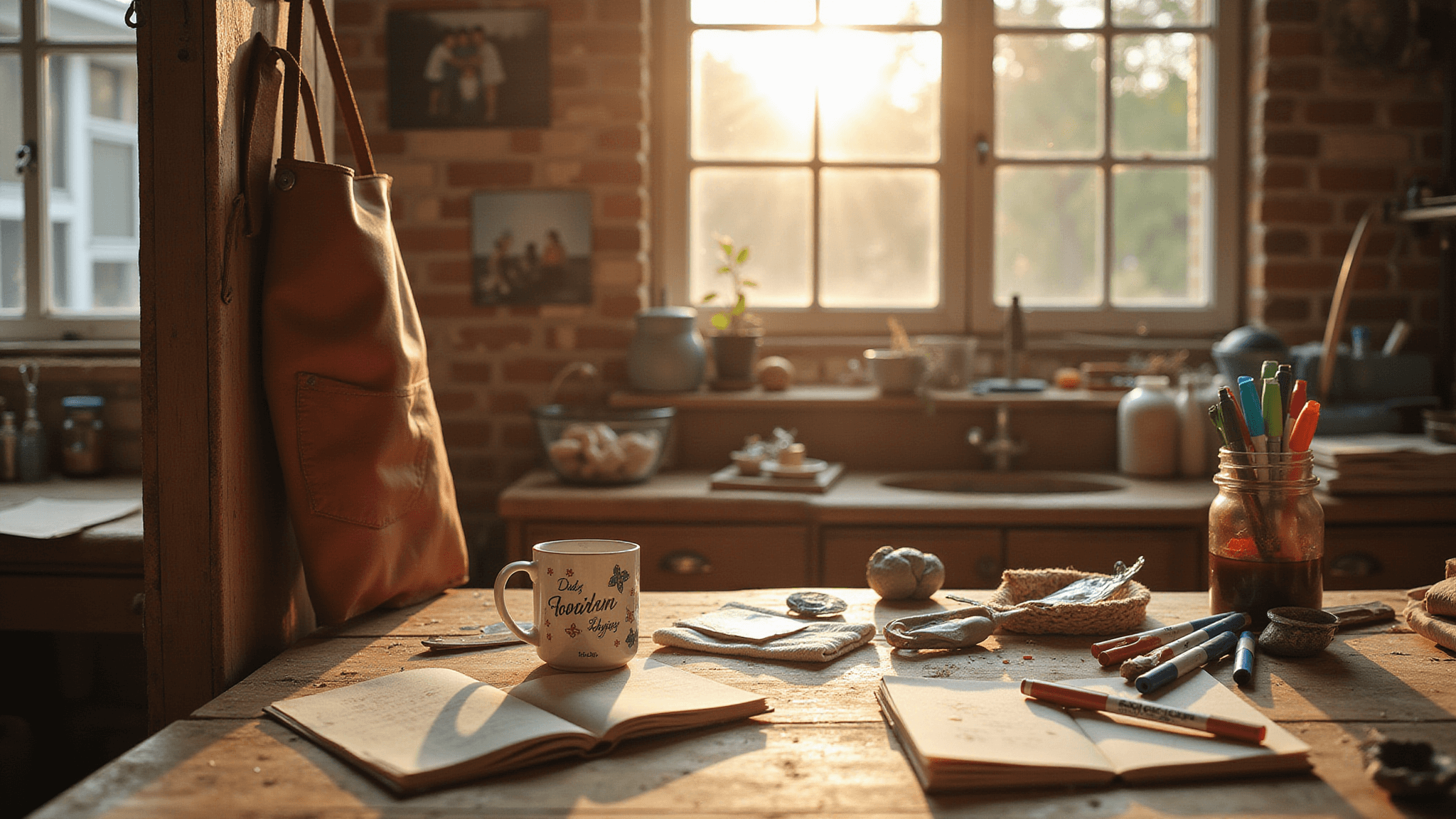 A rustic wooden workbench bathed in warm sunlight, showcasing handmade Father's Day gifts in progress, including a personalized leather apron, craft supplies, a half-completed coupon book, and a hand-painted coffee mug, set in a cozy workshop with exposed brick walls and family photos.