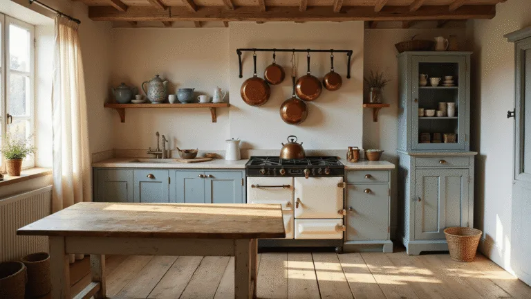 Photorealistic interior of a sunlit French cottage kitchen at golden hour, featuring a weathered oak farmhouse table, vintage copper pots, open shelving with blue and white ceramics, and limestone countertops, all framed by soft natural light and rustic details.