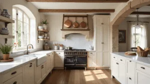 French Kitchen Design: Unveiling the Timeless Charm of Culinary Elegance A sun-drenched French country kitchen featuring cream-colored plaster walls, reclaimed oak beams, and handcrafted cabinets, adorned with a La Cornue range, copper pots, Carrara marble countertops, and rustic oak floors, all illuminated by soft morning light.