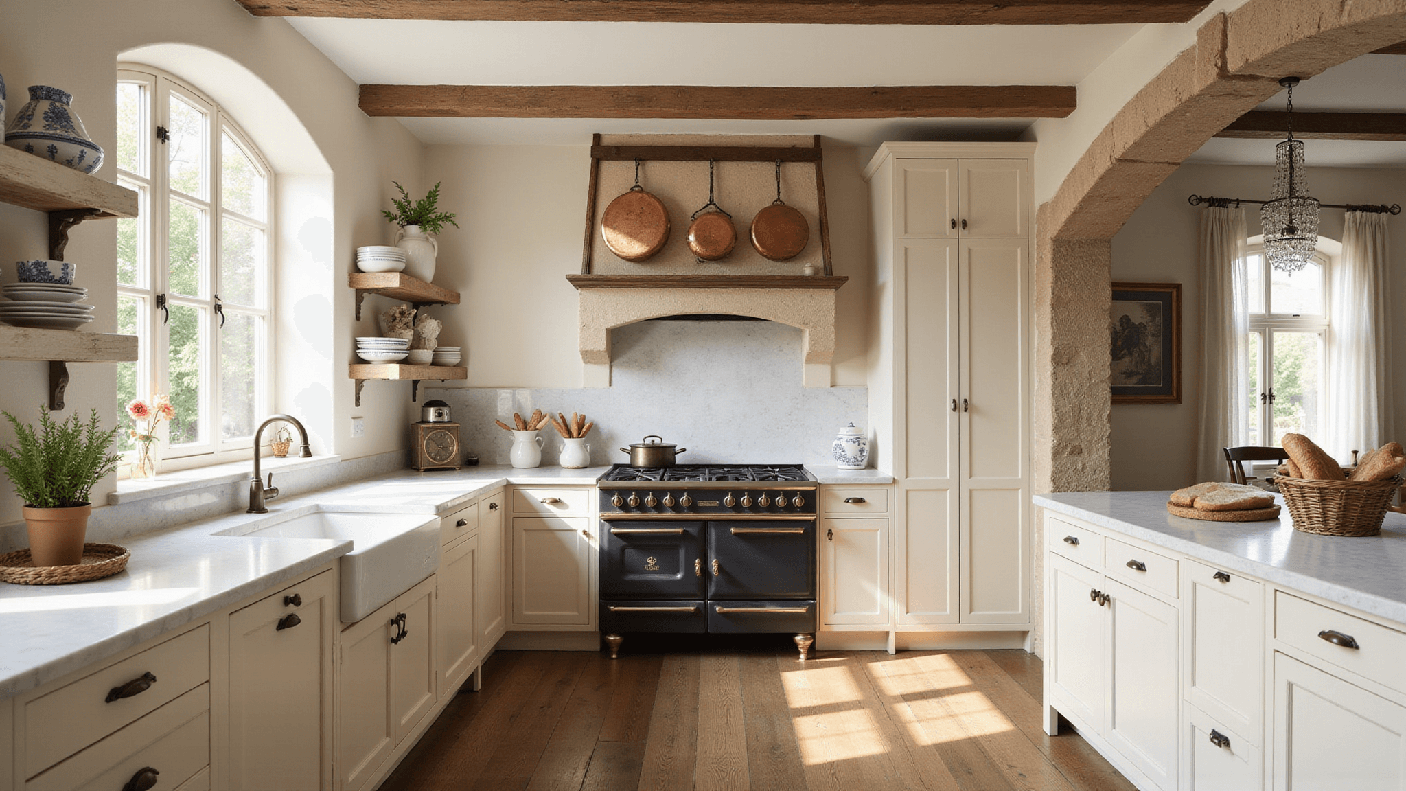 A sun-drenched French country kitchen featuring cream-colored plaster walls, reclaimed oak beams, and handcrafted cabinets, adorned with a La Cornue range, copper pots, Carrara marble countertops, and rustic oak floors, all illuminated by soft morning light.