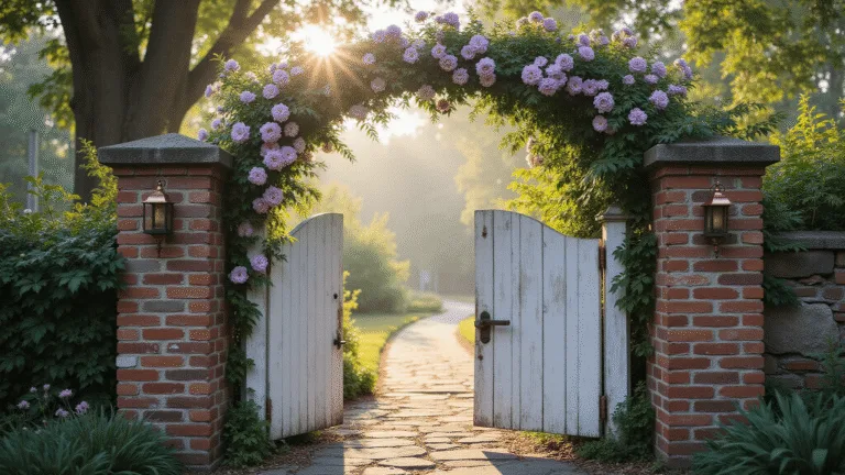 Photorealistic image of a charming arched wooden garden gate entwined with blooming purple clematis and blush pink roses, framed by weathered brick pillars, dappled sunlight creating a dreamy atmosphere with a winding stone pathway leading into a lush cottage garden.