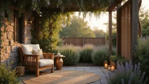 Garden Nook Ideas: Your Ultimate Guide to Creating a Personal Outdoor Sanctuary A serene garden nook at golden hour featuring a teak armchair with cream cushions, a vintage copper side table with tea and a book, surrounded by jasmine and ivy, with dappled sunlight through wisteria, lavender, and ornamental grasses, string lights, and hurricane lanterns, all framed by bamboo screens and a textured outdoor rug.