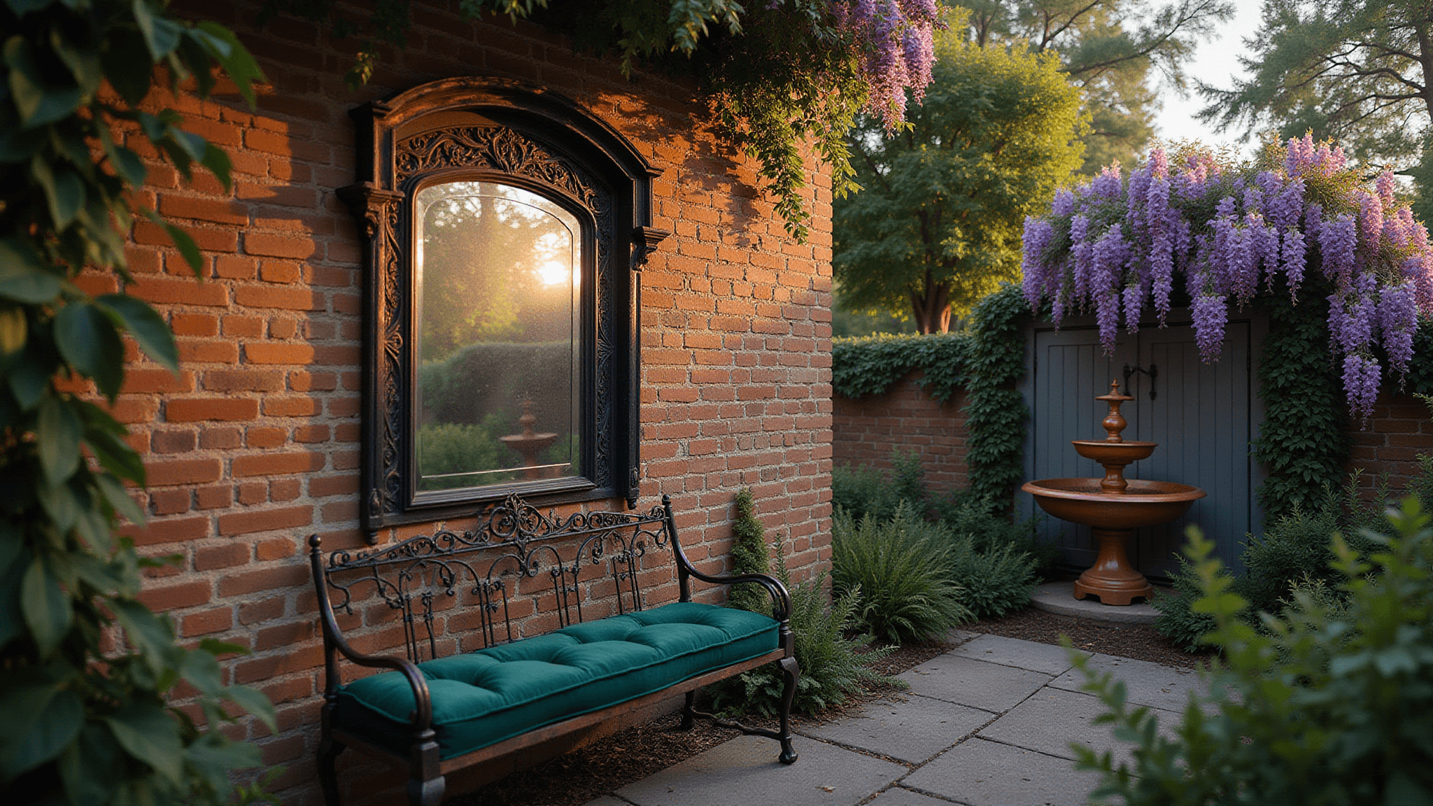 Cinematic wide-angle view of a Gothic-style garden mirror framed in ornate black metal, reflecting a copper fountain amidst wisteria, with a vintage wrought-iron bench and climbing roses under warm sunset lighting, evoking a moody atmosphere.