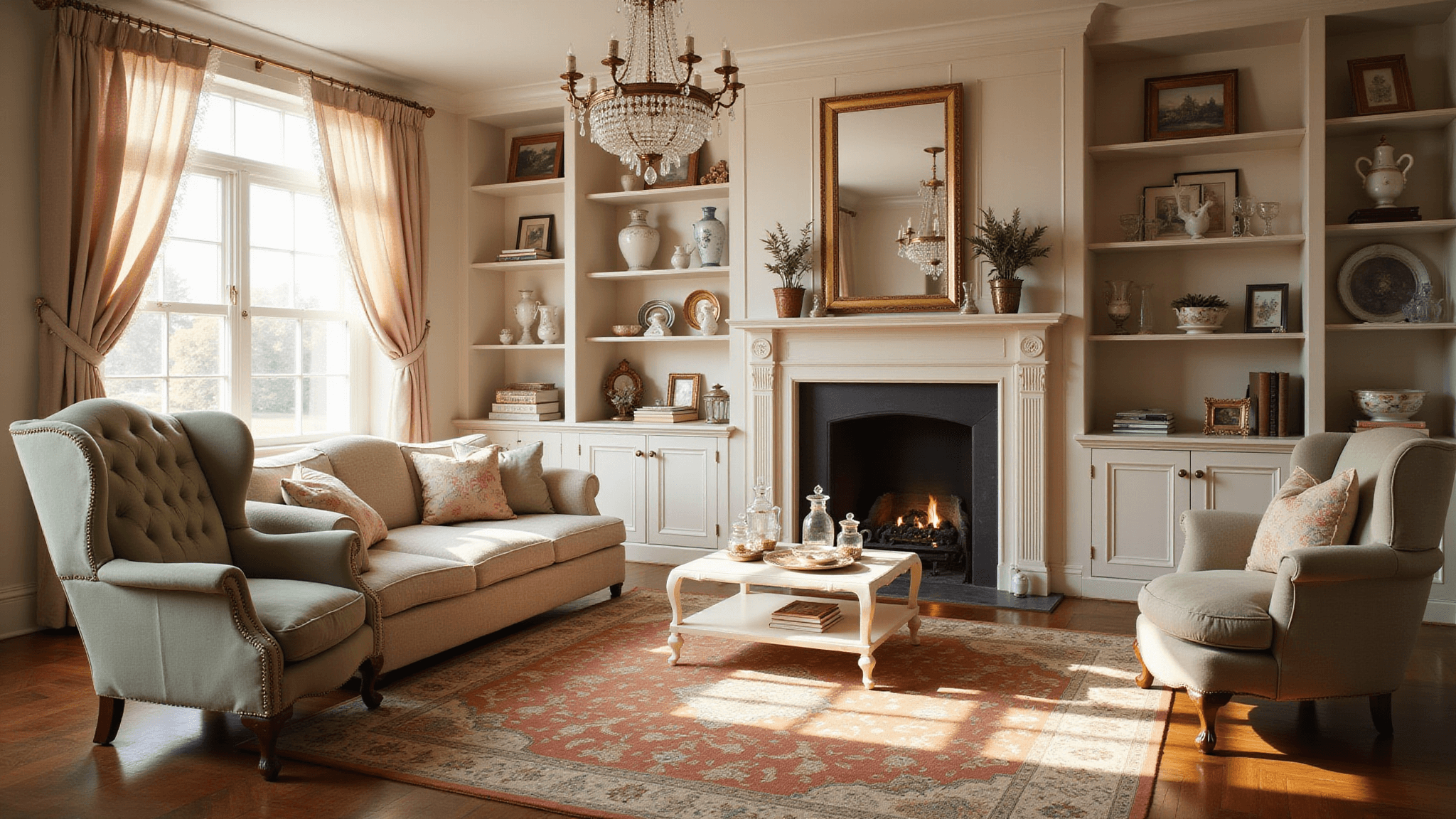Photorealistic image of a sunlit Victorian living room featuring a floral wingback chair, distressed coffee table with vintage teacups, layered Persian rugs, a curated gallery wall of brass-framed art and mirrors, and modern accents like a lucite side table, all captured in warm, diffused light.