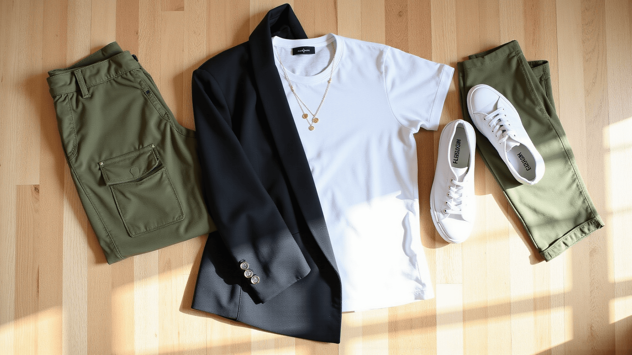 High-angle flatlay of olive green cargo pants on light oak flooring, surrounded by a white t-shirt, black fitted blazer, white sneakers, and gold jewelry, with natural sunlight creating soft shadows.