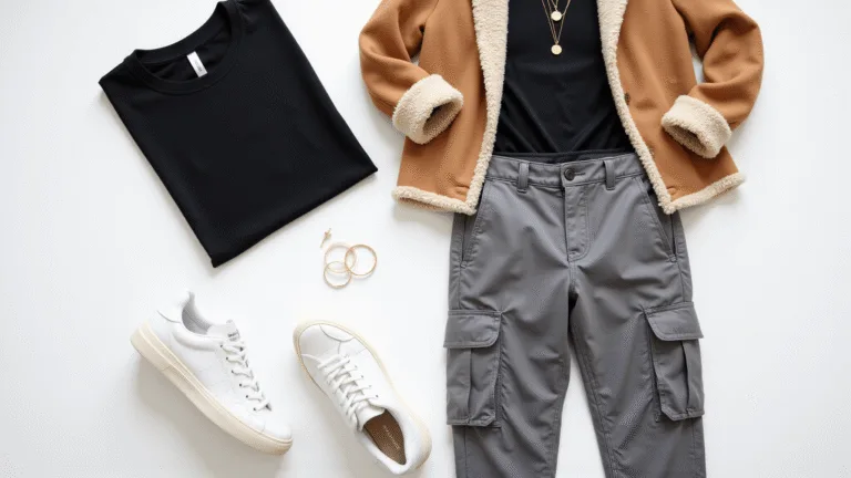 Flat lay of grey cargo pants with a black crew neck tee, white sneakers, tan shearling jacket, and minimal gold jewelry on a clean white background, featuring natural shadows and soft lighting.