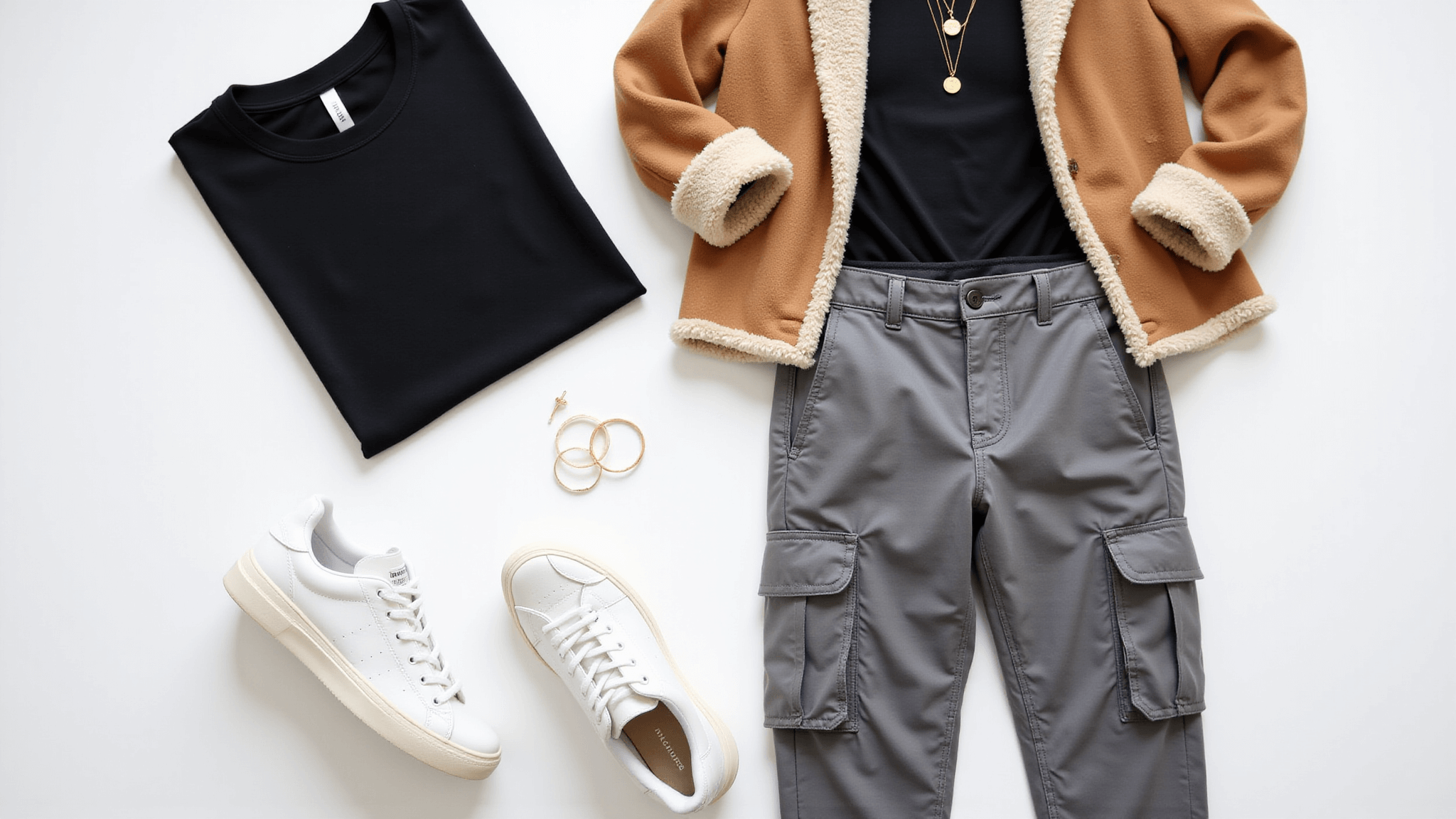 Flat lay of grey cargo pants with a black crew neck tee, white sneakers, tan shearling jacket, and minimal gold jewelry on a clean white background, featuring natural shadows and soft lighting.