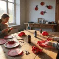 A sunlit craft studio with a parent and child creating paper plate ladybugs at a rustic table, surrounded by red and black craft supplies, completed crafts, and floating dust particles illuminated by sunlight.