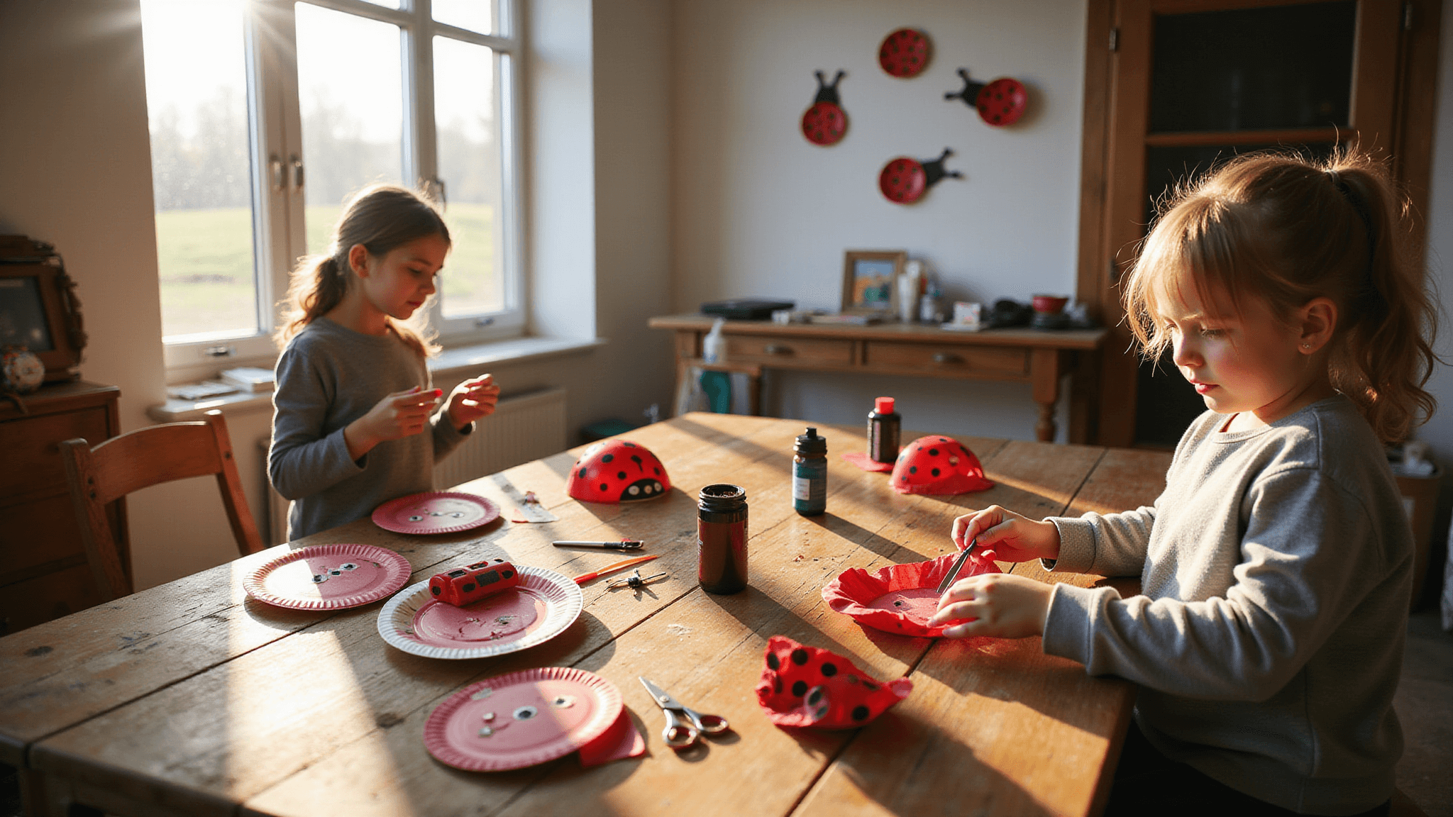 A sunlit craft studio with a parent and child creating paper plate ladybugs at a rustic table, surrounded by red and black craft supplies, completed crafts, and floating dust particles illuminated by sunlight.