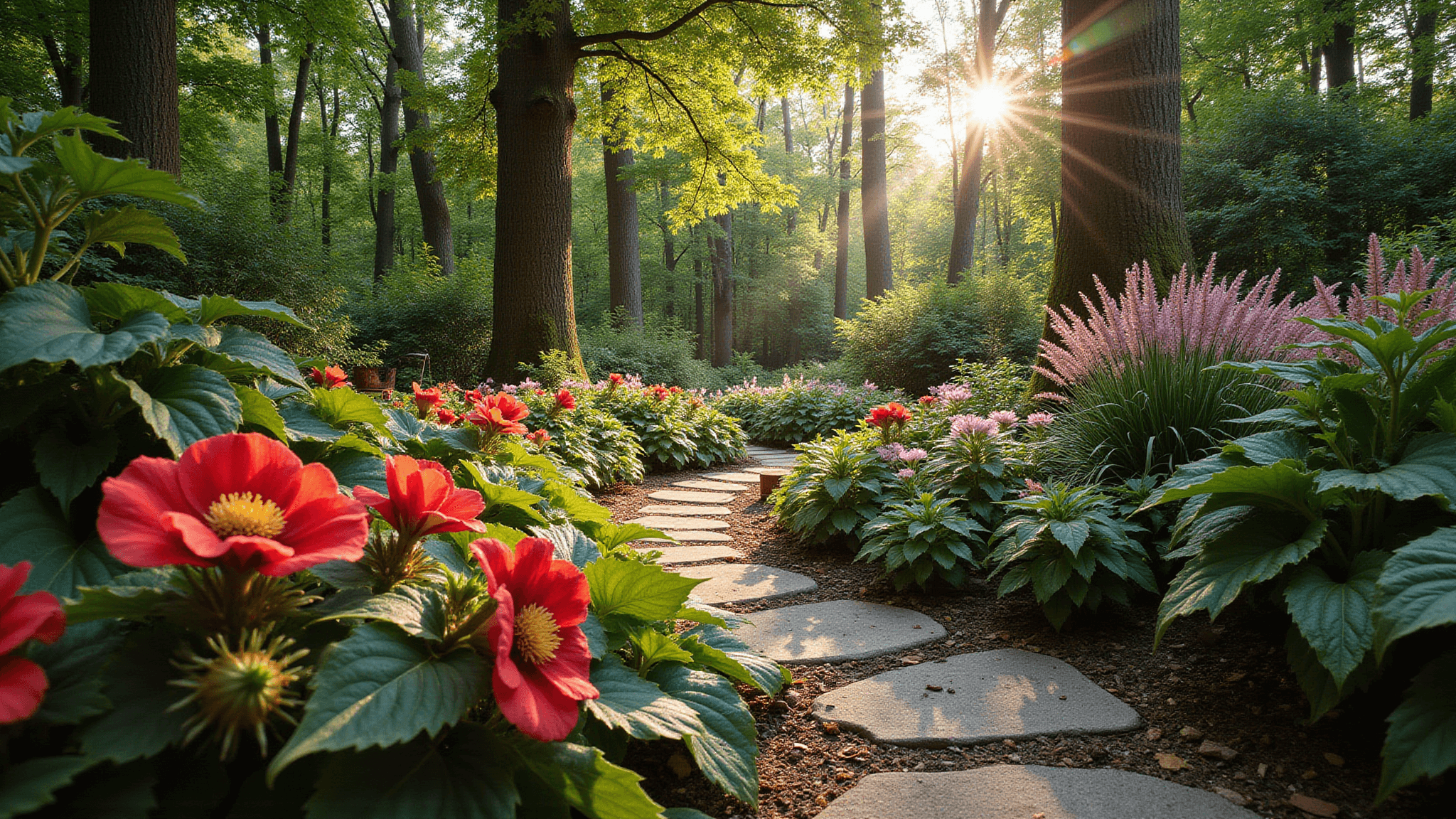 A lush woodland shade garden at golden hour, showcasing layered plantings of Giant Ruffled Red Begonias, Elephant Ears, and varied Hostas along a winding stone path, with dappled sunlight filtering through maple trees, highlighted by Japanese Anemones and feathery Astilbe, shot from a low angle with a shallow depth of field.