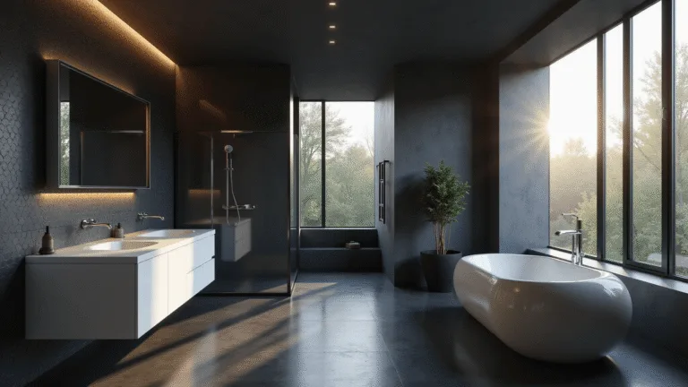 A modern black bathroom featuring matte porcelain tiles, a white quartz floating vanity, and a black-framed glass shower, illuminated by dramatic morning light through a frosted window, with a large backlit mirror and ambient LED lighting.