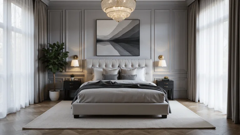 Sophisticated grey bedroom featuring a king-size platform bed with tufted velvet headboard, layered bedding, minimalist nightstands, modern artwork, herringbone wood floors, and ambient morning light filtering through sheer linen curtains.