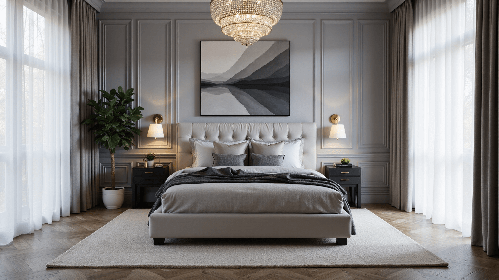 Sophisticated grey bedroom featuring a king-size platform bed with tufted velvet headboard, layered bedding, minimalist nightstands, modern artwork, herringbone wood floors, and ambient morning light filtering through sheer linen curtains.