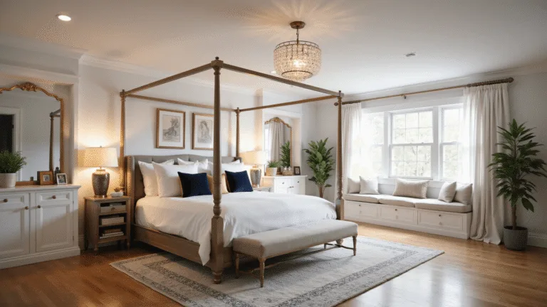 A luxurious basement bedroom retreat featuring a four-poster bed with white linens, crystal chandelier, and warm ambient lighting, captured in cinematic detail with golden hour sunlight.