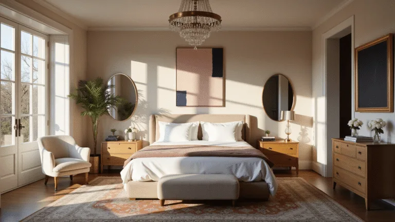 A luxurious primary bedroom featuring a king-size bed with white Egyptian cotton sheets and a dusty rose velvet duvet, illuminated by warm golden hour sunlight. Elegant decor includes a statement brass chandelier, pearl-toned grasscloth wallpaper, bleached oak nightstands with smoky glass lamps, a cream bouclé accent chair, and original abstract artwork. A vintage Persian rug anchors the space, complemented by styled vignettes of gold-rimmed mirrors and fresh white peonies in crystal vases. Photographed from a low angle, showcasing depth and luxury in soft focus.