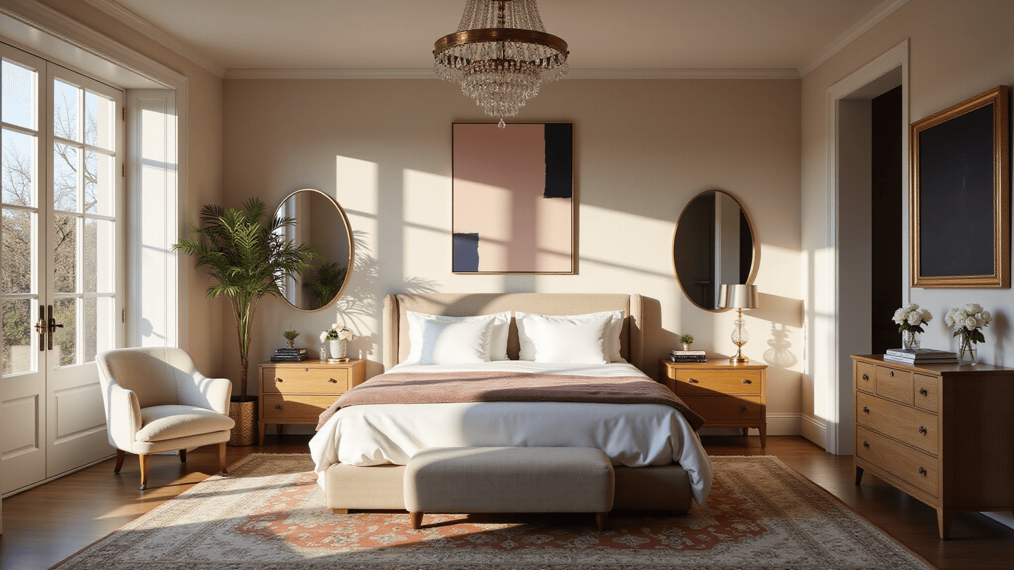 A luxurious primary bedroom featuring a king-size bed with white Egyptian cotton sheets and a dusty rose velvet duvet, illuminated by warm golden hour sunlight. Elegant decor includes a statement brass chandelier, pearl-toned grasscloth wallpaper, bleached oak nightstands with smoky glass lamps, a cream bouclé accent chair, and original abstract artwork. A vintage Persian rug anchors the space, complemented by styled vignettes of gold-rimmed mirrors and fresh white peonies in crystal vases. Photographed from a low angle, showcasing depth and luxury in soft focus.