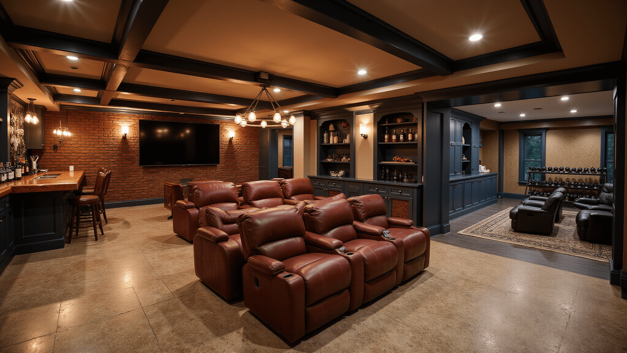 Photorealistic ultrawide shot of a luxury basement transformation featuring an industrial-chic speakeasy bar, a premium home theater, a modern home gym, and a cozy library nook, all highlighted by warm amber lighting and distinct flooring materials.