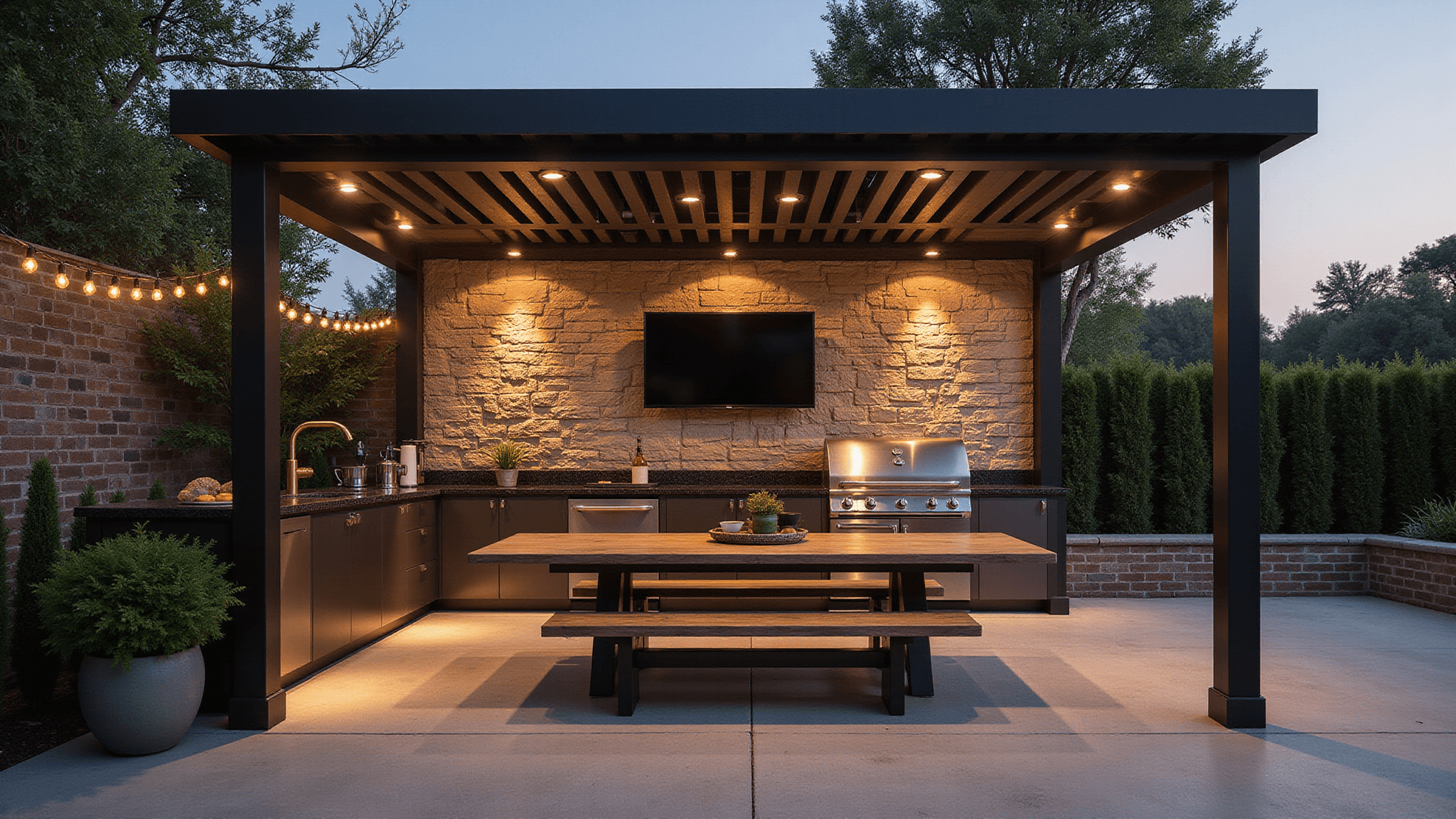 A photorealistic outdoor BBQ pavilion at golden hour, featuring a stainless steel grill, granite countertops, and a black aluminum pergola with LED lights, surrounded by potted herbs and a teak dining set.