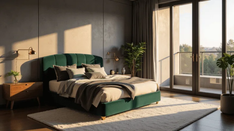 A luxurious modern bedroom featuring a king-size bed with a green velvet headboard, warm gray walls, golden hour sunlight, layered bedding, brass sconces, walnut nightstands, and plush wool rug, with potted monstera plants, captured in photorealistic detail.