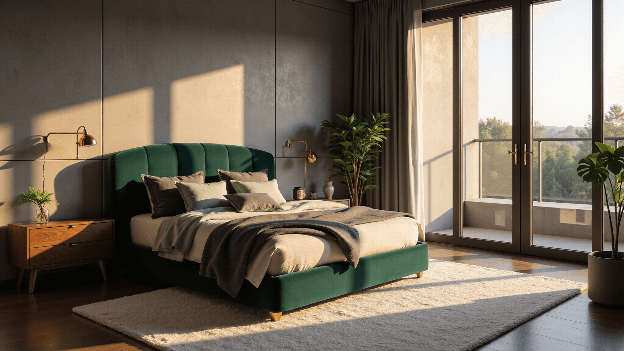 A luxurious modern bedroom featuring a king-size bed with a green velvet headboard, warm gray walls, golden hour sunlight, layered bedding, brass sconces, walnut nightstands, and plush wool rug, with potted monstera plants, captured in photorealistic detail.