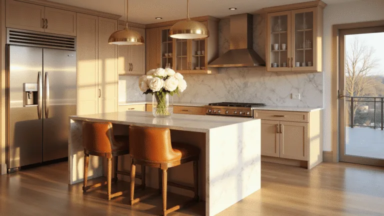 Photorealistic interior of a spacious modern kitchen with beige cabinets, Calacatta marble countertops, cognac leather barstools, and golden hour lighting casting warm tones.