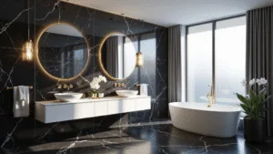 Black Tile Bathrooms: The Ultimate Guide to Dramatic and Sophisticated Design Photorealistic modern bathroom featuring black marble tiles, a white floating double vanity, freestanding soaking tub, gold fixtures, geometric pendant lights, and soft morning sunlight through frosted windows.