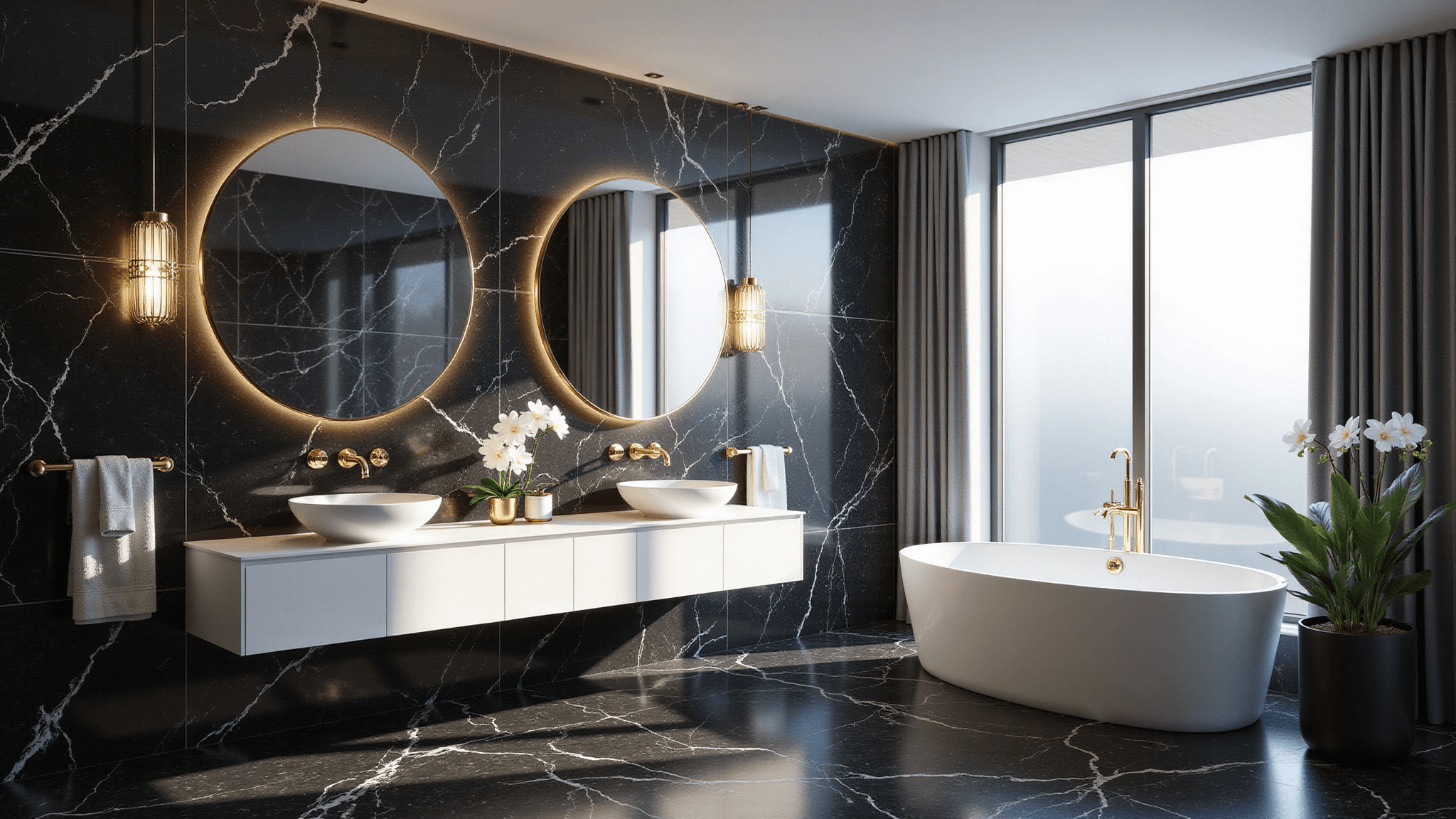 Photorealistic modern bathroom featuring black marble tiles, a white floating double vanity, freestanding soaking tub, gold fixtures, geometric pendant lights, and soft morning sunlight through frosted windows.
