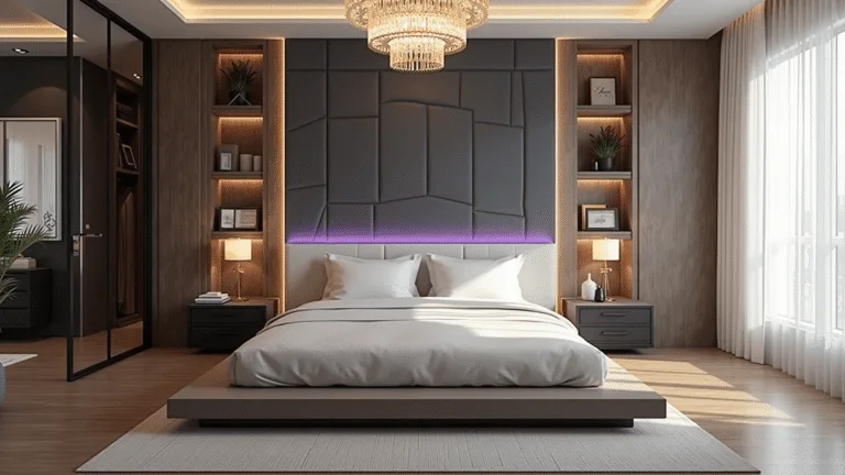 A luxurious Bloxburg-inspired bedroom featuring a king-sized bed, geometric tufted headboard, crystal chandelier, and floor-to-ceiling windows with sheer curtains, illuminated by LED strip lighting and warm golden hour sunlight.