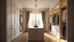 15 Stunning Bedroom Cupboard Ideas to Transform Your Space Photorealistic ultra-wide angle shot of a luxurious walk-in closet featuring custom white cabinetry, marble island, designer clothing racks, and a crystal chandelier, all illuminated by soft natural light during golden hour, showcasing hyper-detailed textures and elegant champagne gold accents.