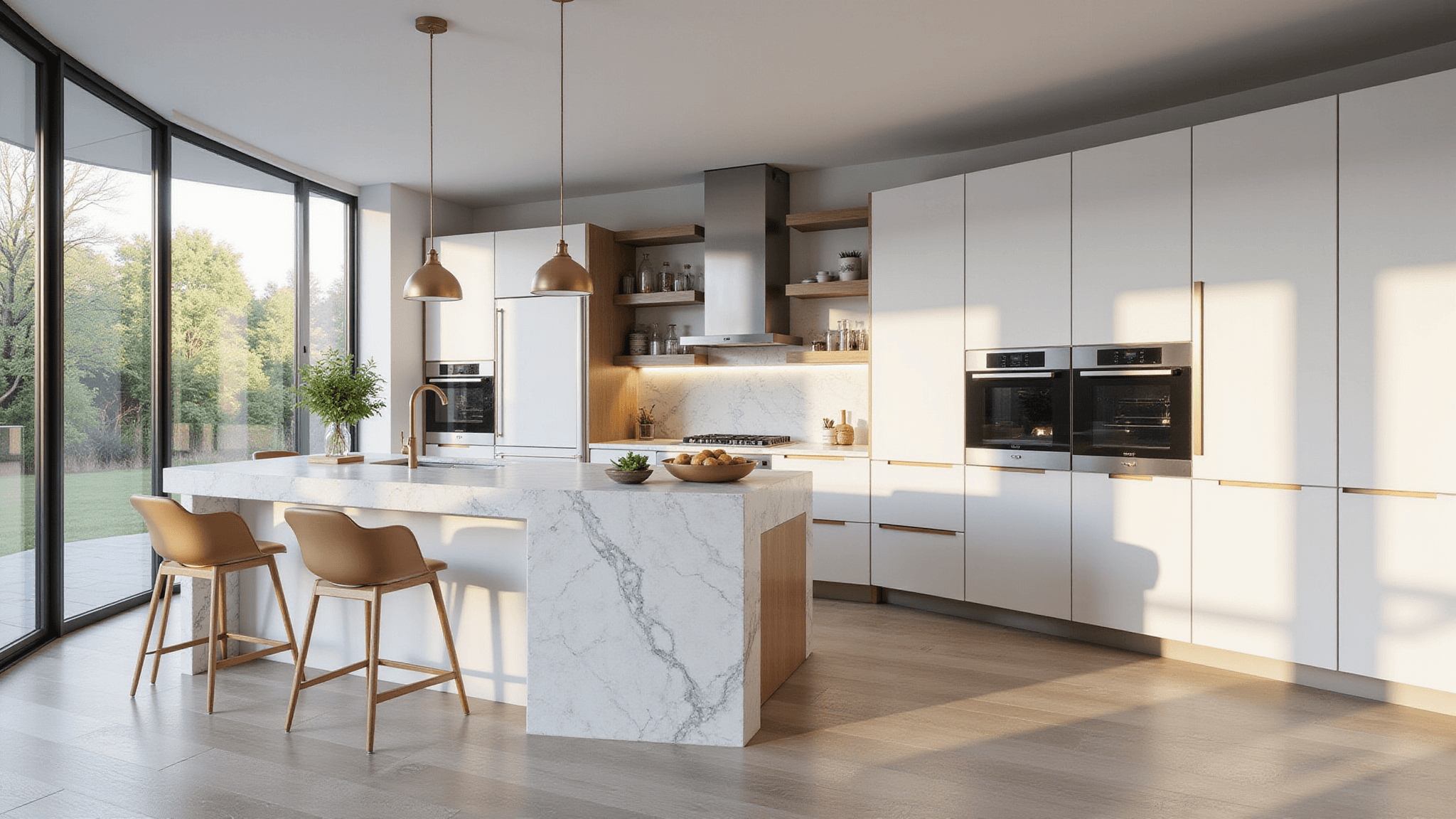 Photorealistic image of a contemporary luxury kitchen featuring white modular cabinets with matte gold hardware, a dramatic waterfall quartz island, professional-grade stainless steel appliances, and soft morning sunlight filtering through floor-to-ceiling windows, styled with fresh herbs and artisanal ceramics.