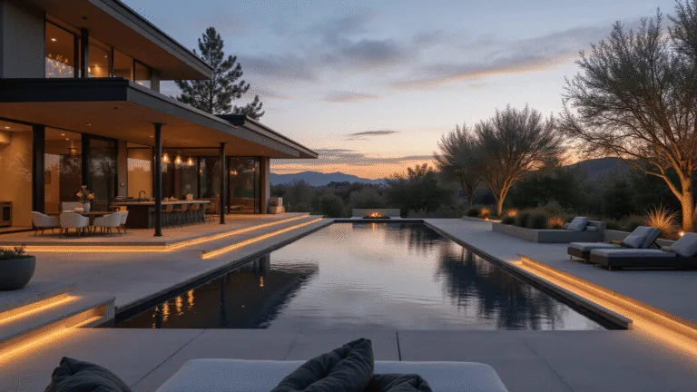 Photorealistic wide-angle view of a luxurious modern backyard at golden hour, showcasing a multi-level design with a high-end outdoor kitchen, infinity pool, and contemporary lounge furniture, surrounded by mature olive trees and geometric planters.