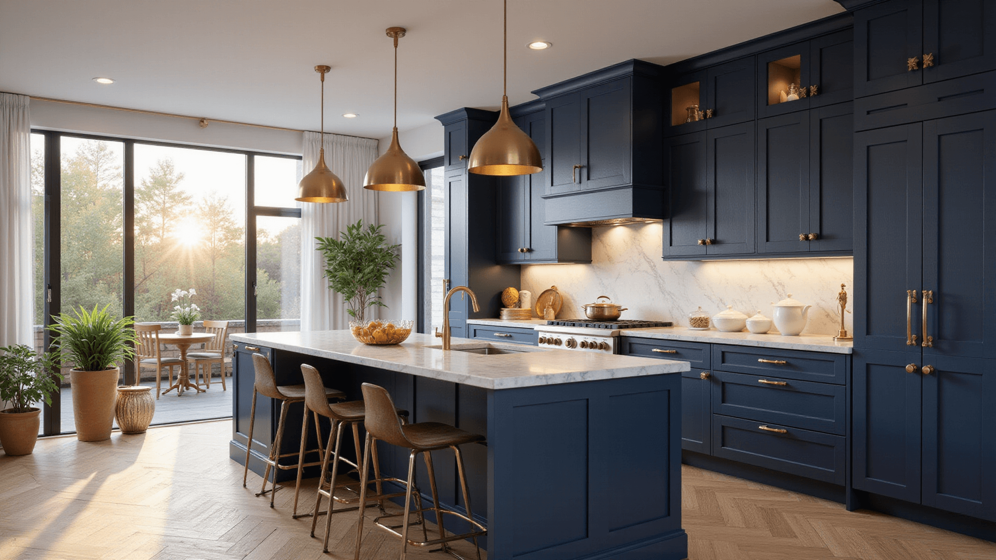 A photorealistic image of a spacious modern kitchen featuring navy blue Shaker-style cabinets, Carrara marble waterfall countertops, warm brass pendant lights, and white oak herringbone flooring, all beautifully illuminated during golden hour.