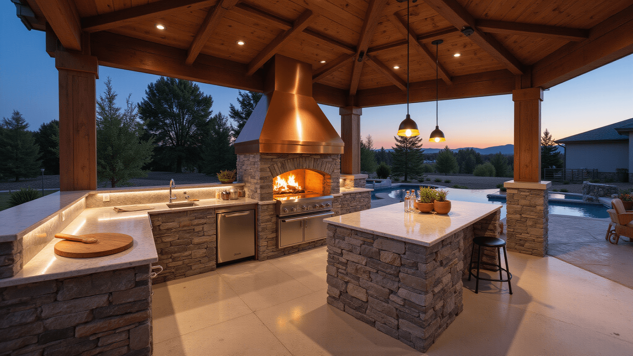 Photorealistic wide-angle shot of a modern outdoor pizza kitchen at twilight, featuring a stone pizza oven and marble countertops, surrounded by rich foliage and illuminated by warm lighting.
