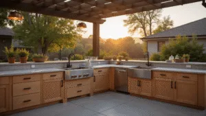 Outdoor Kitchen Sinks: Transform Your Backyard Cooking Space A luxurious outdoor kitchen pavilion at golden hour, featuring a stainless steel workstation sink, natural oak cabinetry, polished concrete countertops, and warm lighting, all styled with premium accessories and herb planters.
