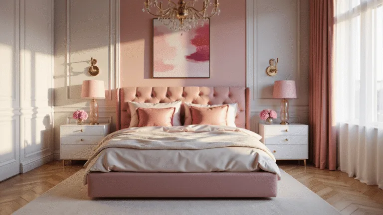 A luxurious pink bedroom featuring a grand upholstered bed with a blush pink velvet headboard, soft dusty rose walls, and warm morning sunlight streaming through sheer white curtains. Decorated with layered silk bedding, textured pillows, a vintage brass chandelier, and modern abstract artwork, the scene showcases white oak herringbone flooring and a plush cream area rug. A white nightstand holds a pink glass lamp and fresh pink peonies. Shot in 8K resolution with shallow depth of field during golden hour.