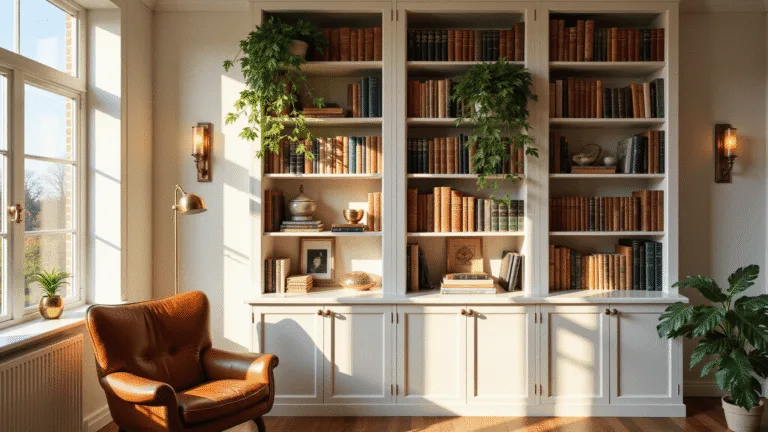 A sun-drenched home library with floor-to-ceiling white bookshelves arranged in a rainbow gradient, featuring a cognac leather chair, brass floor lamp, vintage sconces, trailing pothos plants, and artisanal bookends, illuminated by late afternoon sunlight streaming through Georgian windows.