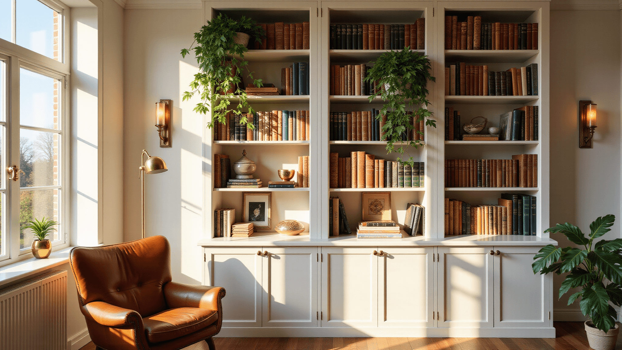 A sun-drenched home library with floor-to-ceiling white bookshelves arranged in a rainbow gradient, featuring a cognac leather chair, brass floor lamp, vintage sconces, trailing pothos plants, and artisanal bookends, illuminated by late afternoon sunlight streaming through Georgian windows.