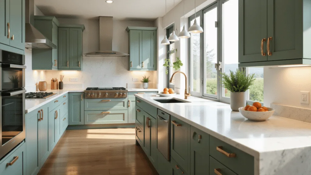 Green Kitchen Cabinets: Transforming Your Space with Nature's Most Versatile Color in 2025 A luxurious sage green kitchen bathed in natural sunlight, featuring custom cabinets with brass hardware, white quartz countertops, a central island with waterfall edges, and high-end stainless steel appliances, all styled with artisanal ceramics and fresh herbs in an airy, inviting atmosphere.