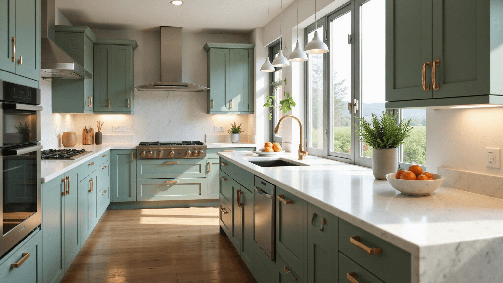 A luxurious sage green kitchen bathed in natural sunlight, featuring custom cabinets with brass hardware, white quartz countertops, a central island with waterfall edges, and high-end stainless steel appliances, all styled with artisanal ceramics and fresh herbs in an airy, inviting atmosphere.