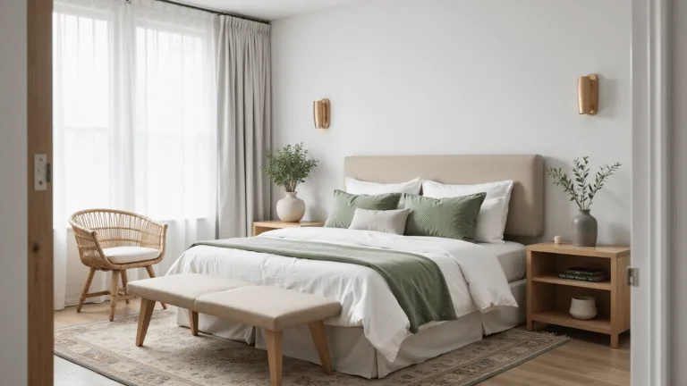 A luxurious guest bedroom featuring a queen-size bed with white Egyptian cotton sheets, light grey linen duvet, and sage green velvet pillows, accented by natural light filtering through sheer curtains, a vintage Persian rug, rattan chair, and brass sconces, all set in an elegant architectural design.