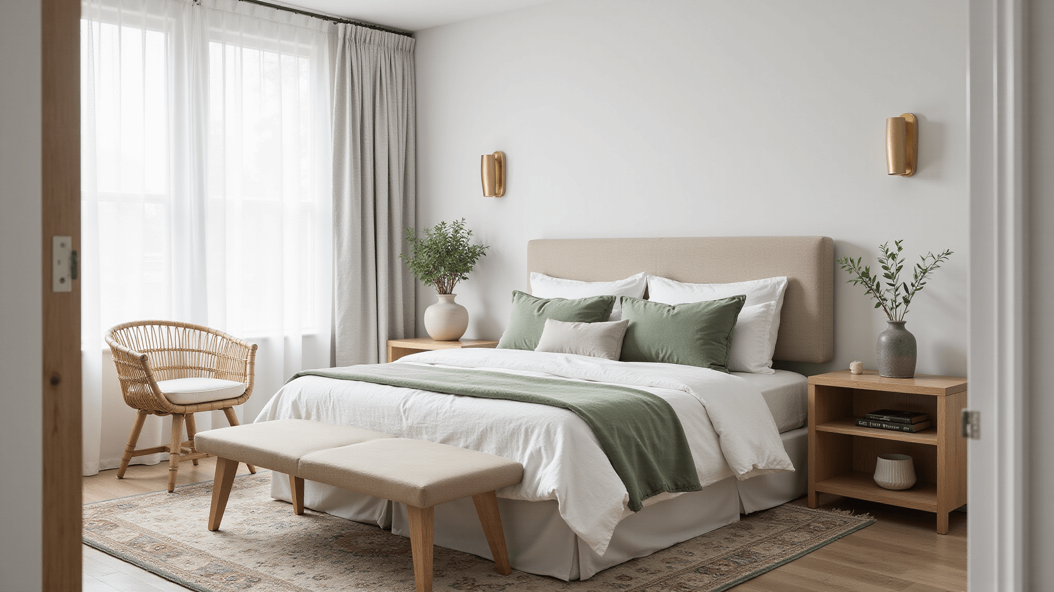 A luxurious guest bedroom featuring a queen-size bed with white Egyptian cotton sheets, light grey linen duvet, and sage green velvet pillows, accented by natural light filtering through sheer curtains, a vintage Persian rug, rattan chair, and brass sconces, all set in an elegant architectural design.