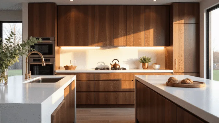A modern kitchen interior featuring rich chocolate-brown walnut cabinets, a white quartz waterfall island, and warm golden hour lighting, with minimalist brass accents and organic touches like a copper kettle and eucalyptus.