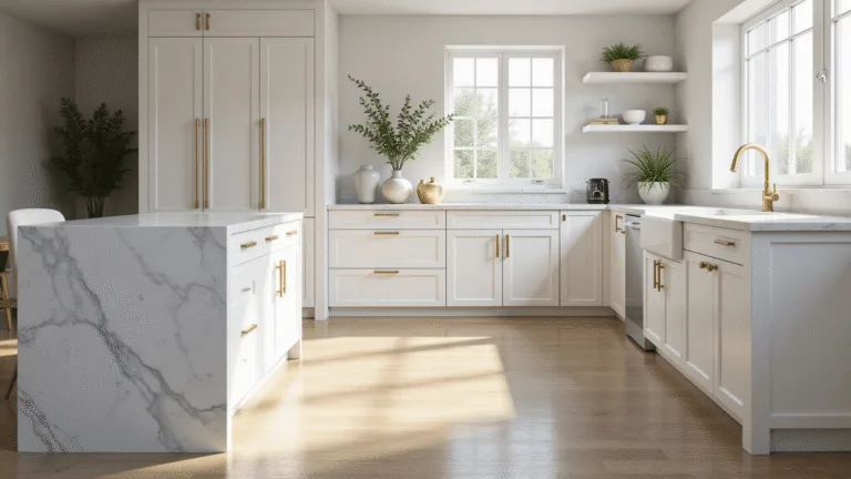 A luxurious modern kitchen with white shaker cabinets, brass handles, and a marble waterfall island, illuminated by natural light from floor-to-ceiling windows, showcasing wide-plank white oak flooring and artisanal pottery accents.
