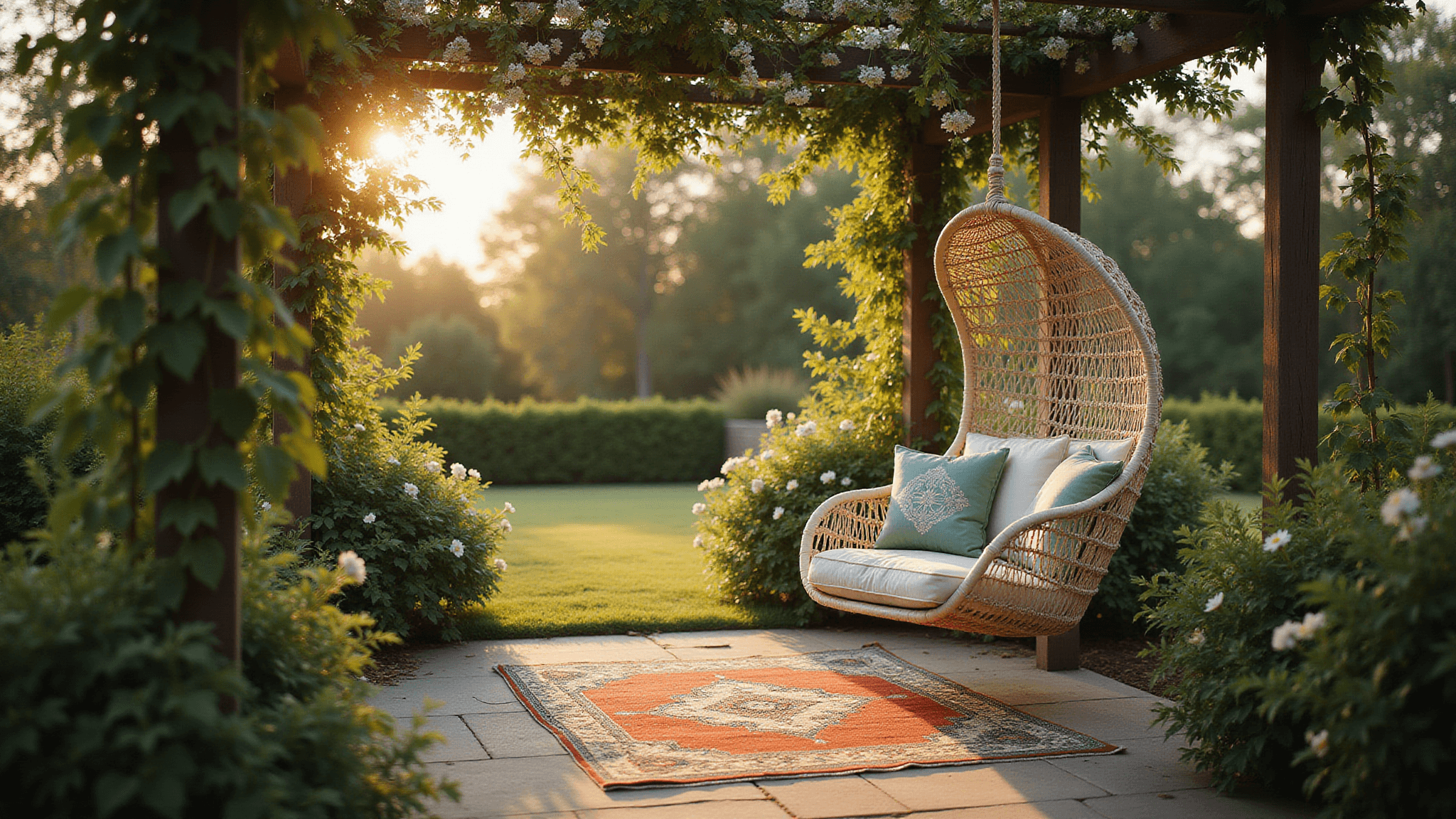 A cream macramé hanging chair with sage green cushions sways in a lush garden corner at sunset, framed by jasmine blooms and copper trellises, with dappled sunlight creating light patterns on a vintage Persian rug.