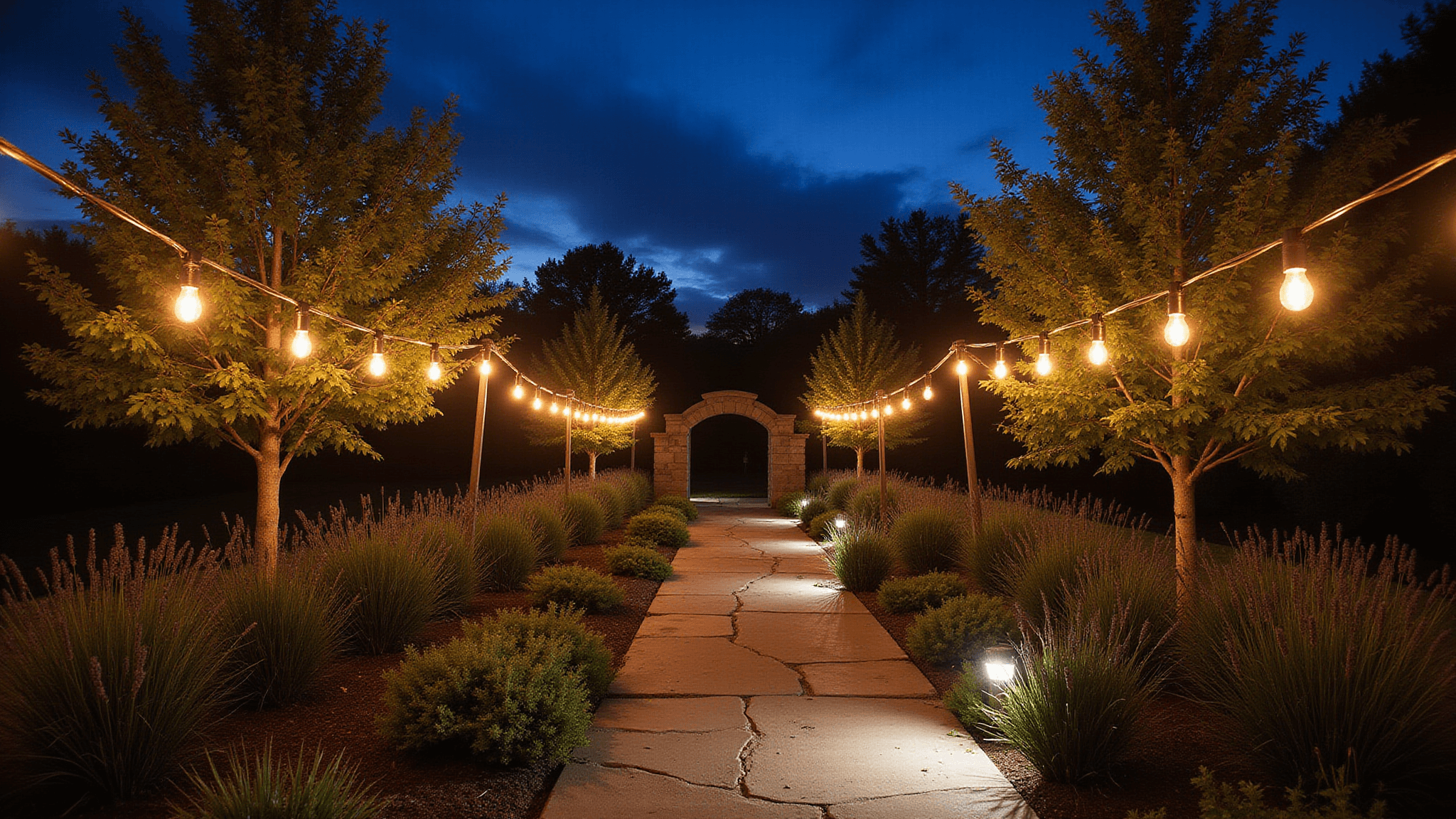 Cinematic nighttime garden scene featuring a meandering slate stone path illuminated by vintage copper Edison lights, with dramatic silhouettes of Japanese maple trees against a twilight blue sky and soft uplighting on ornamental grasses and lavender borders.